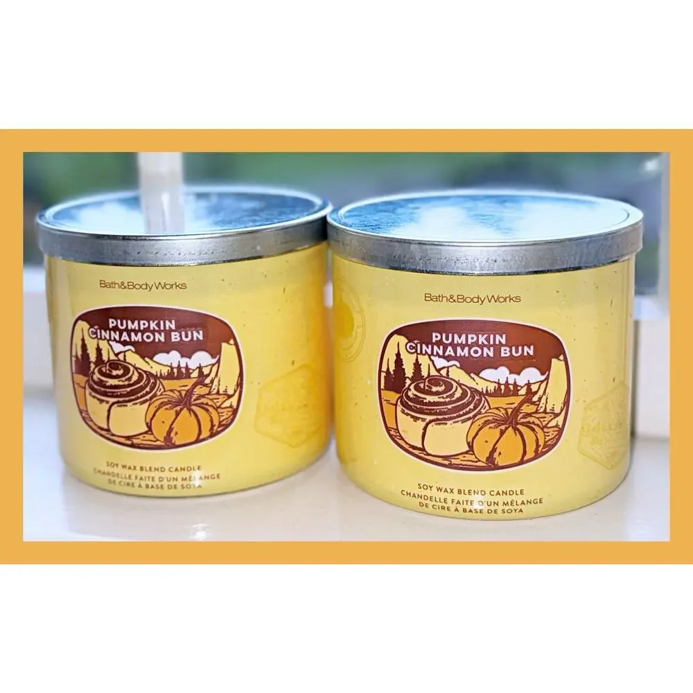 Lot of 2 Bath & Body Works Pumpkin Cinnamon Bun Large 3-Wick Candle 14.5oz